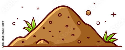 Cartoon style pile of dirt with green grass sprouts and scattered pebbles