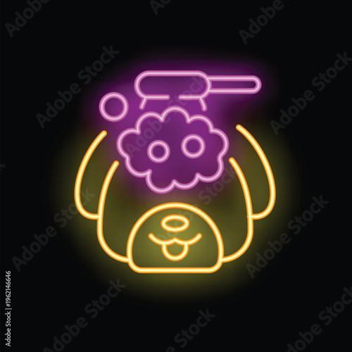 Bright neon sign representing a dog taking a bath with a shower head over its head and foam covering its fur