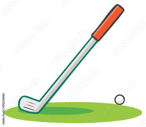 Cartoon golf club putter and ball on green putting grass sports recreation simple illustration