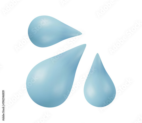 Set of blue 3D water drop icons including sweat droplets and tears. Minimalist glossy realistic droplets.