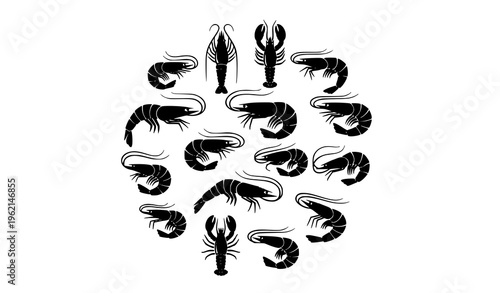 Seafood shrimp silhouettes collection lobster style icons vector set