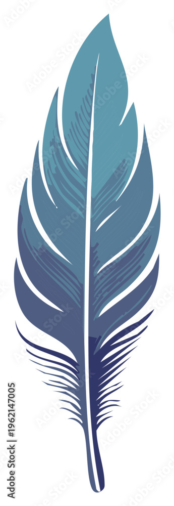 Fototapeta premium Elegant blue feather with gradient shades, detailed illustration of a single bird plume art