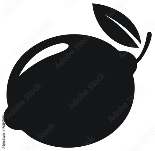 Bold black silhouette of a ripe lemon with a stem and leaf providing a clean graphic element