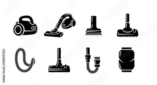 Vacuum Cleaner Icons Set: Cleaning Tools, Household Appliances, and Accessories