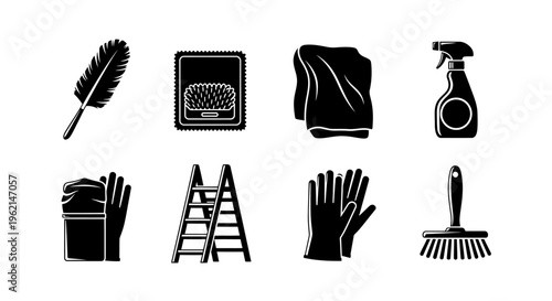 Cleaning Supplies Icons: Feather Duster, Brush, Cloth, Spray Bottle, Gloves, Ladder, Mop