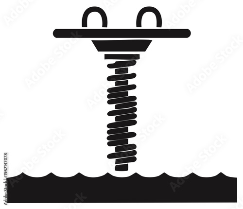 Illustration of helical pier foundation screw pile system driven into the ground under water