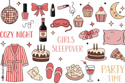 Pajama Party Doodle Girls Sleepover Cozy Night, Illustration Cartoon Collection