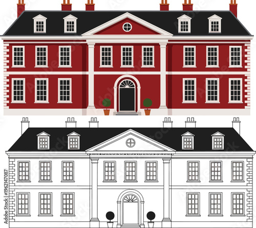 Classic Georgian house facade illustration with red brick exterior, architectural elevation design, historic building, residential mansion vector isolated on background