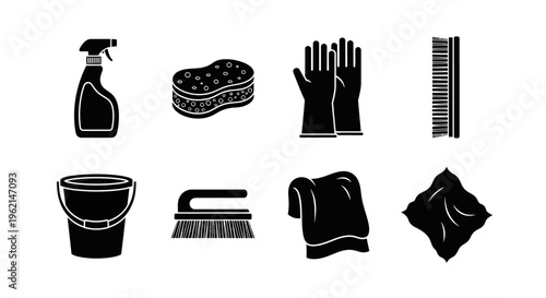 Cleaning Supplies Icons Set: Bucket, Spray Bottle, Sponge, Gloves, Brush, Cloth, Microfiber