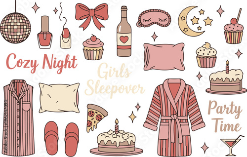 Pajama Party Doodle Girls Sleepover Cozy Night, Illustration Cartoon Collection