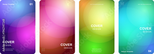 Abstract gradient cover design set with 4 colorful vector templates, vibrant blurred circle backgrounds for brochure and flyer layouts, modern soft mesh texture for digital posters