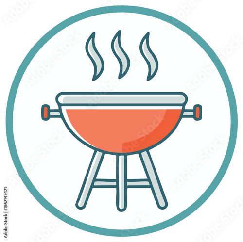 Red Kettle Barbecue Grill with Hot Steam Vector Icon Illustration for Outdoor Cooking