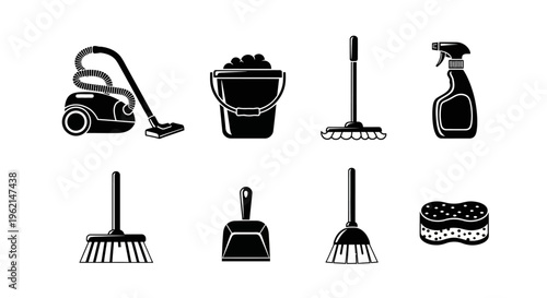Cleaning Supplies Icons: Vacuum, Bucket, Mop, Spray Bottle, Brushes, Dustpan, Sponge