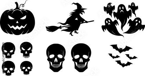 Large collection of minimalist black and orange Halloween silhouette icons, spooky decorative elements including pumpkin, ghost, and witch vector isolated on white.