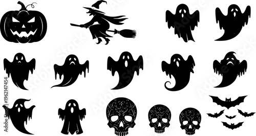 Large collection of minimalist black and orange Halloween silhouette icons, spooky decorative elements including pumpkin, ghost, and witch vector isolated on white.