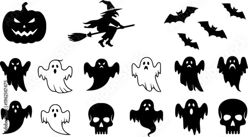Large collection of minimalist black and orange Halloween silhouette icons, spooky decorative elements including pumpkin, ghost, and witch vector isolated on white.