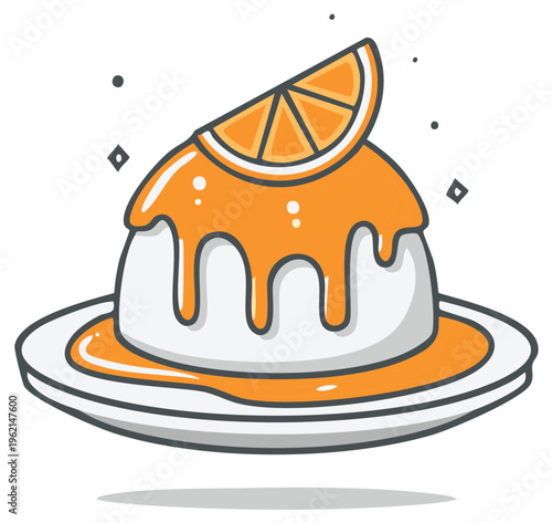 Orange flavored dessert with dripping sauce and fruit garnish, illustration on a plate.