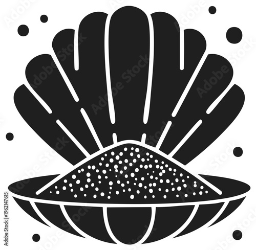 Clam shell illustration with scattered pearls, graphic design element for artwork