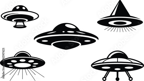 UFO spaceship vector set with flying saucer silhouettes, alien spacecraft icons for sci fi design collection