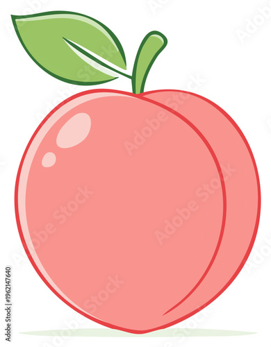 Cute cartoon peach fruit with green leaf and stem, fresh healthy sweet food illustration