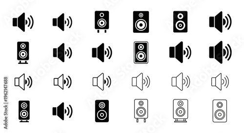 Collection of Speaker and Volume Icons: Sound, Audio, Music, and Technology Symbols