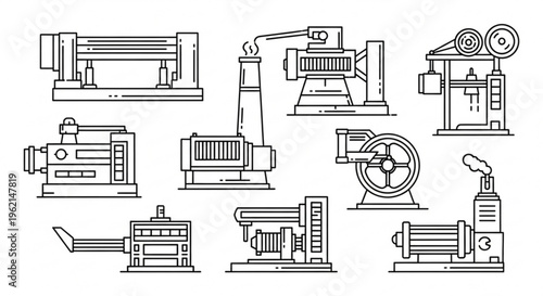 Industrial machinery and equipment illustrations various machines and tools for manufacturing and production industrial technology and engineering concepts