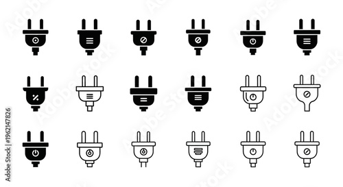 Collection of Electrical Plugs Icons, Power Connectors, Vector Set