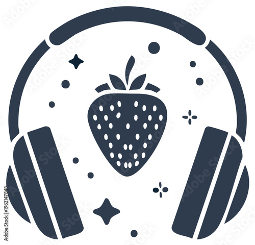 Fresh Summer Music and Podcast Icon with Headphones and Strawberry