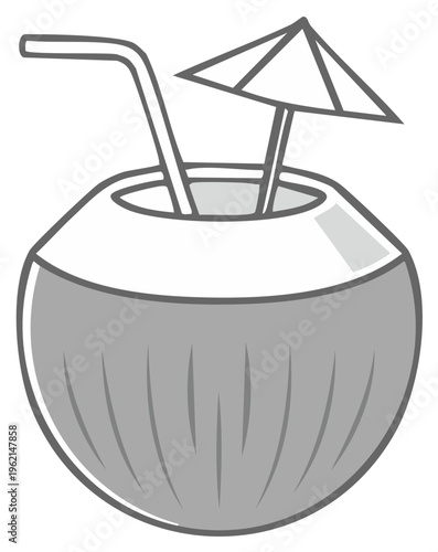 Cartoon tropical coconut drink with straw and cocktail umbrella vector illustration