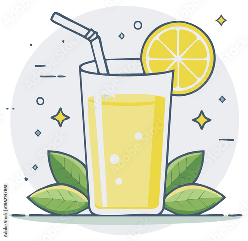 Refreshing lemonade in glass with straw and lemon slice surrounded by leaves