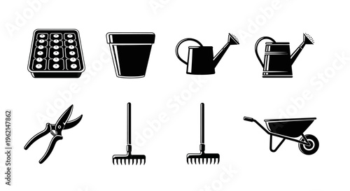 Gardening Tools Set Vector Icon Collection: Planting, Watering, Pruning, Transporting
