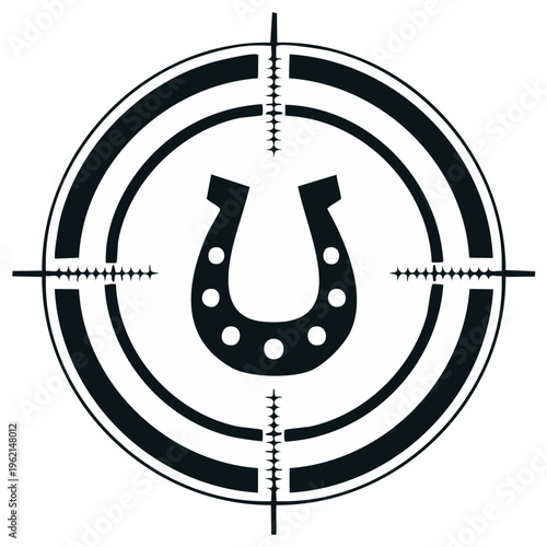 Lucky horseshoe symbol centered within a target scope crosshair made of screws representing aim and good fortune