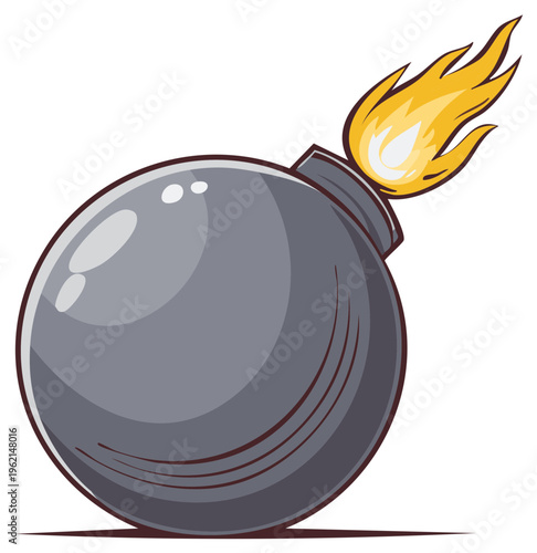 Cartoon bomb with lit fuse and flames, vector illustration.