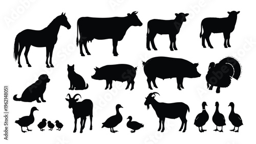 Collection of black silhouettes of various farm and domestic animals