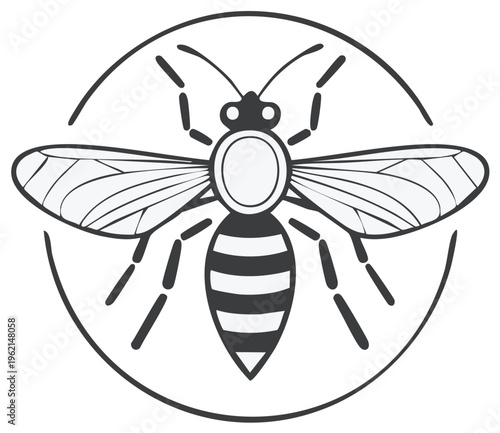 Stylized outline of a bee with striped abdomen and transparent wings inside a circular border
