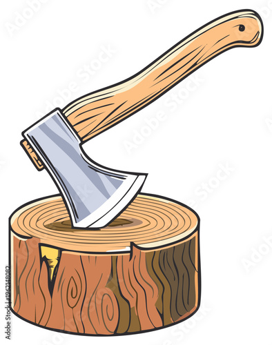 Illustration of a Sharp Axe Lodged in a Wooden Log with Visible Grain