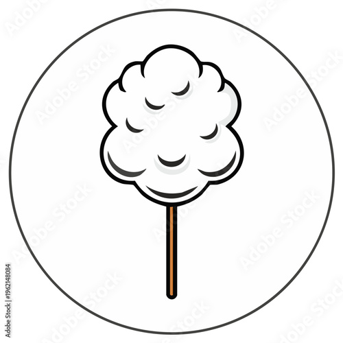 Simple cartoon drawing of white cotton candy on a stick inside a circle