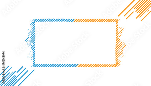 Abstract dynamic vector graphic border design featuring intersecting blue and orange striped rectangular shapes with scattered digital flow elements