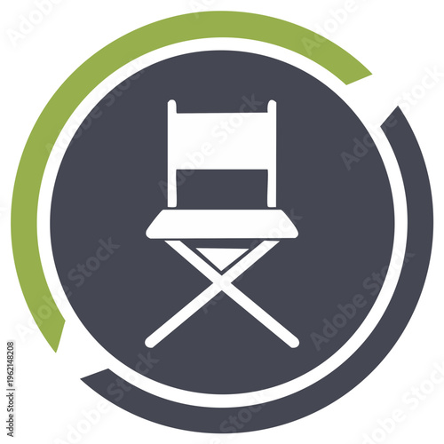 Director's chair icon in a circular frame with green and grey accents