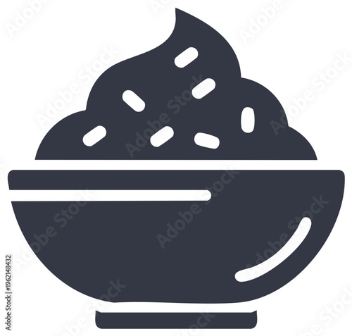 Bowl of rice pudding or porridge with toppings glyph icon vector illustration