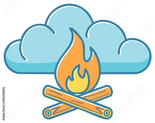 Abstract vector illustration of a bonfire burning under a large blue cloud computing symbol