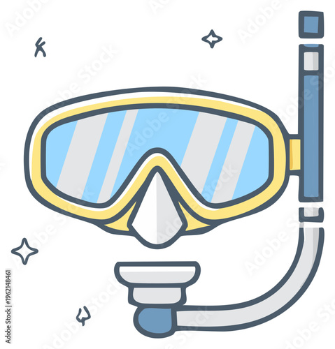 Yellow and blue diving mask with attached snorkel for underwater exploration and summer water sports activity