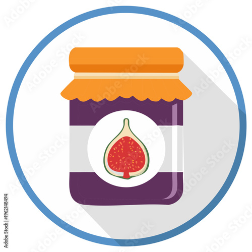 Stylized illustration of a fig jam jar with a fig fruit emblem inside of a blue circle