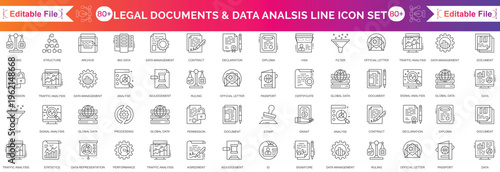 Data analytics icon set. Containing database, statistics, analysis, server, financial, SEO, monitoring, graph, hosting, data mining and Legal documents icon set. Editable line big icons illustration.