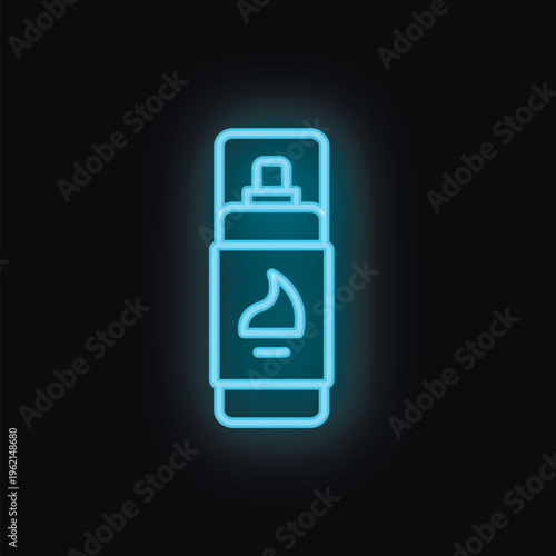 Blue neon sign depicting a container of shaving foam or cream, glowing on a black background