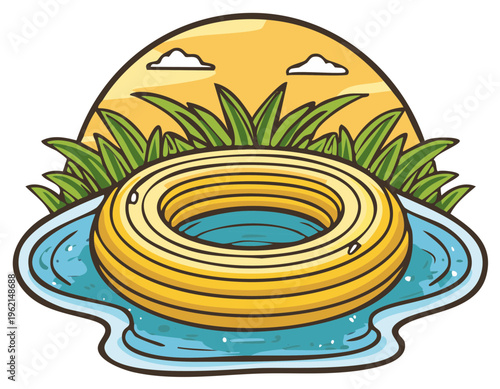 Cartoon illustration of a yellow swim ring floating on water in a sunny summer landscape