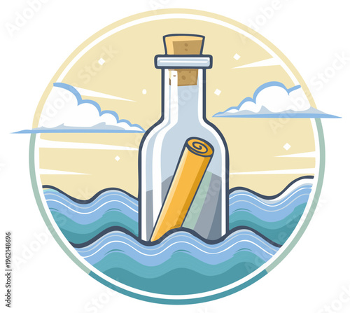 Vector illustration of a message in a bottle floating on ocean waves with a secret scroll