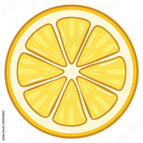 Cartoon illustration of a sliced lemon fruit with a yellow rind and segments