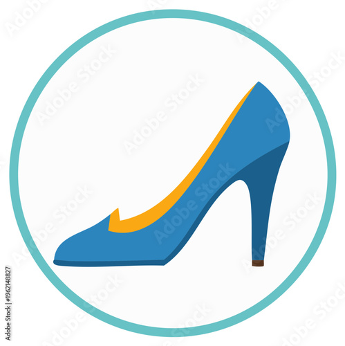 Elegant blue high heel shoe icon design with a circle border and simple style and golden inner