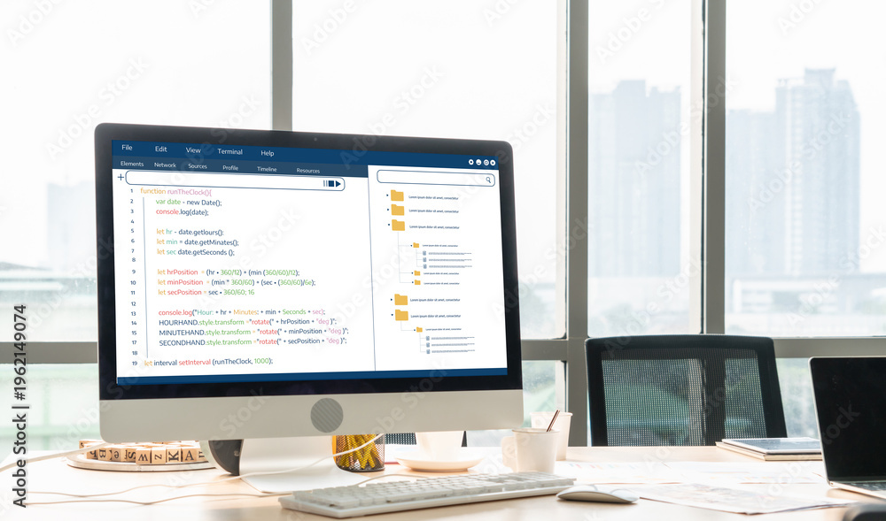 Fototapeta premium Coding and programming software developed for brisk school education. Simplified program, easy software for student children to study basic coding and programming at school classroom.